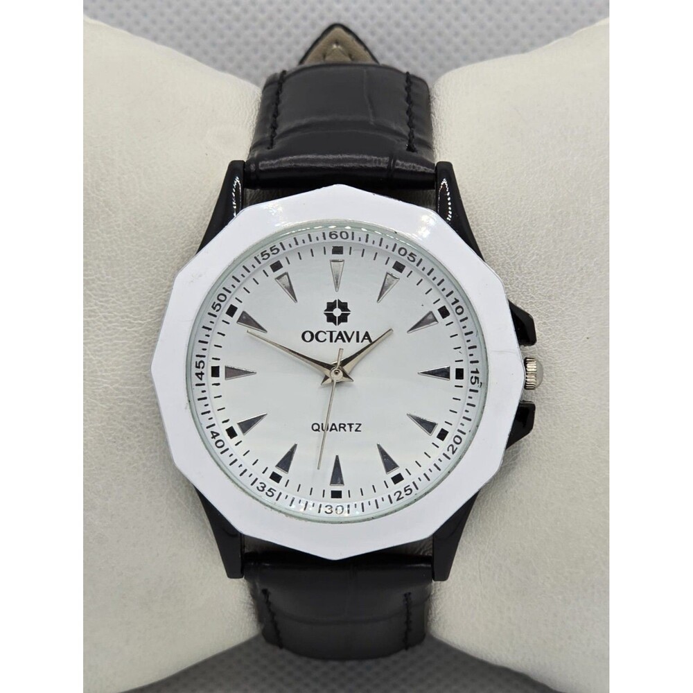 Women's Octavia Italian Styling White Dial Bezel Black Leather Strap Watch 02